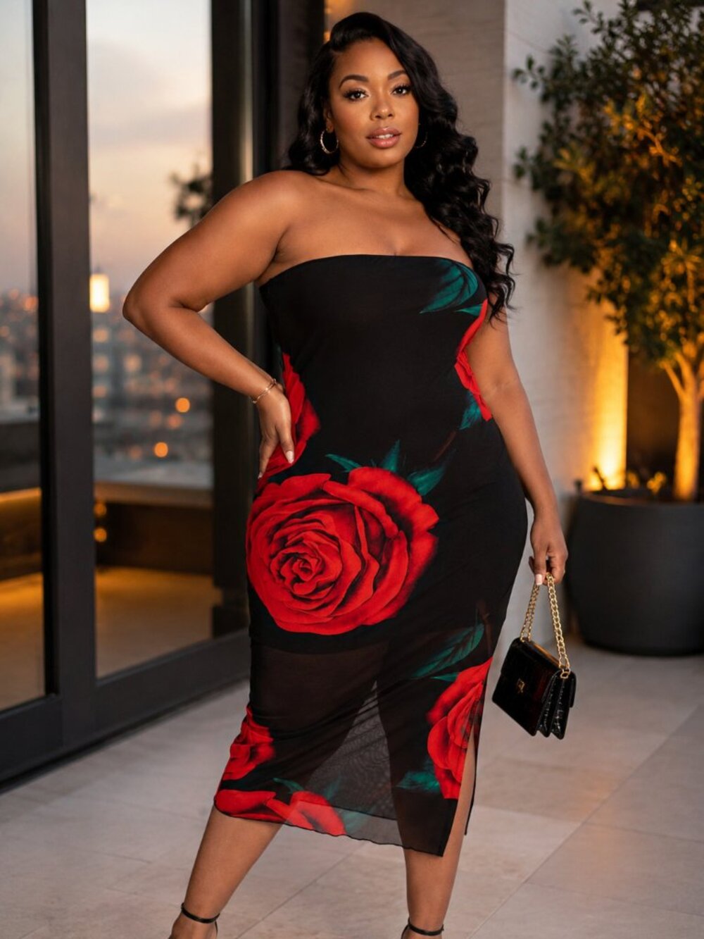EMILIA PLUS SIZE MESH PRINT STRAPLESS DRESS WITH SLIT
